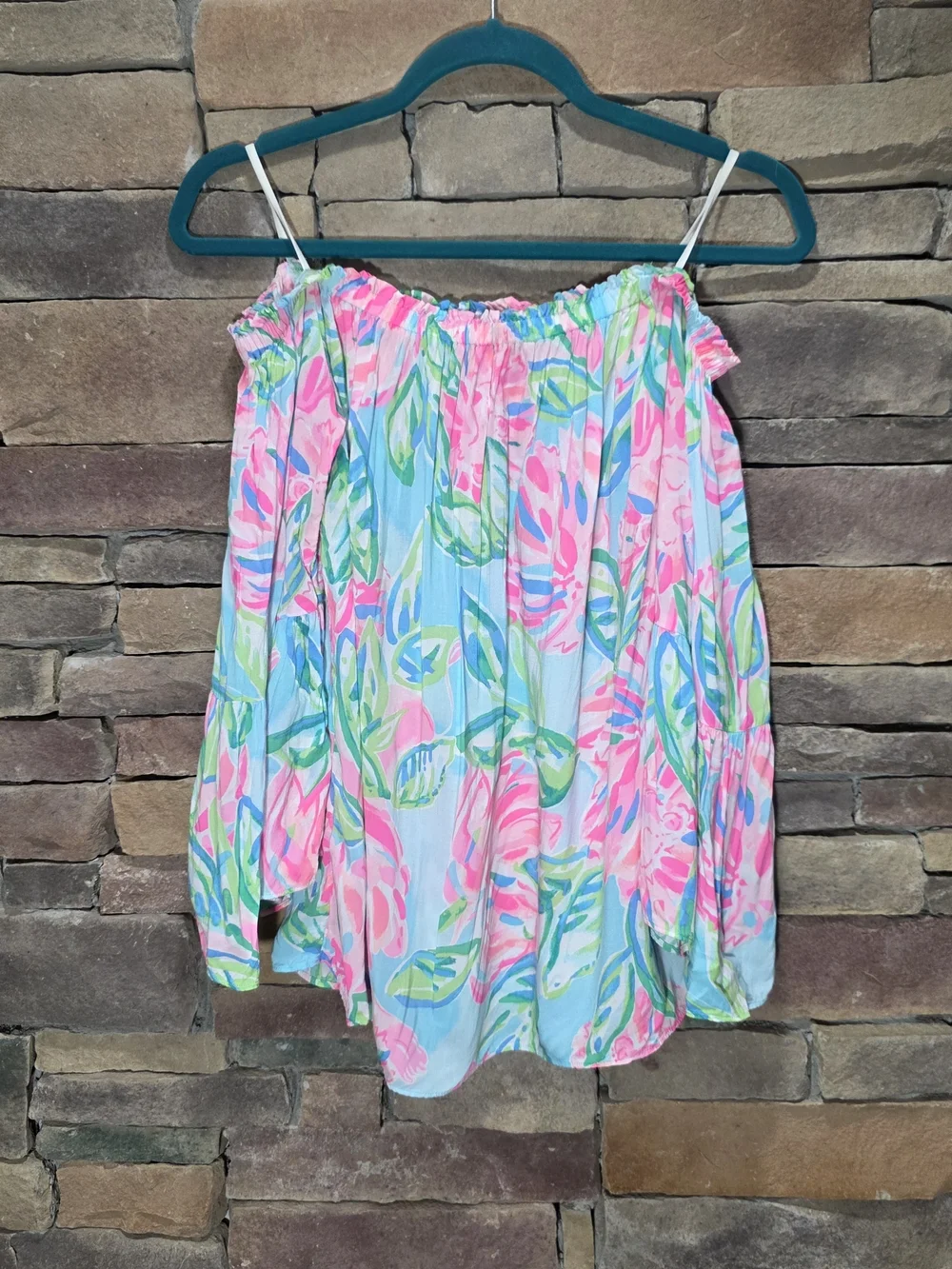 Lilly Pulitzer Shirt Blouse Nevie Off the Shoulder Totally Blossom Pink Small